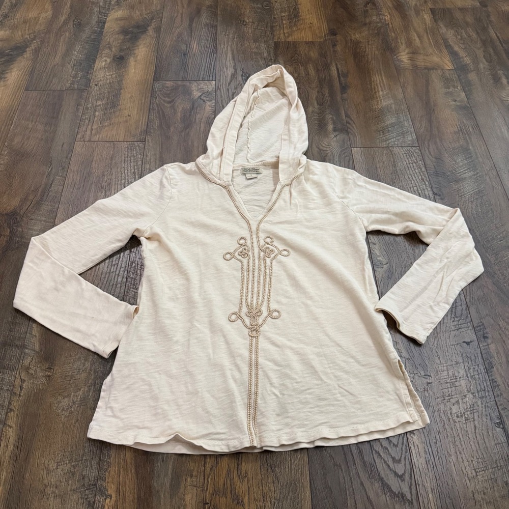 Lucky Brand Womens S Cream Embroidered V-Neck Hooded Long Sleeve Cotton Top Boho